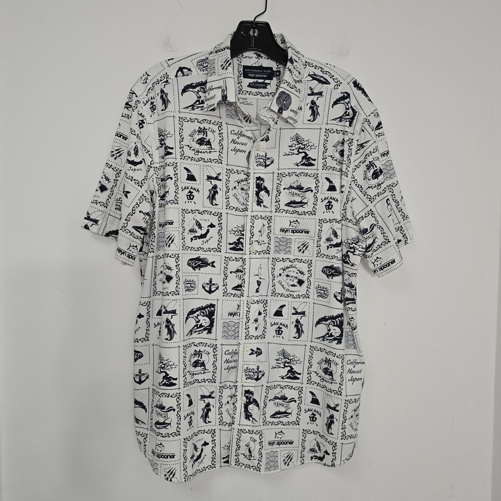 Reyn Spooner x Southern Tide Performance Shirt Hawaiian Aloha Fishing Print Sz M